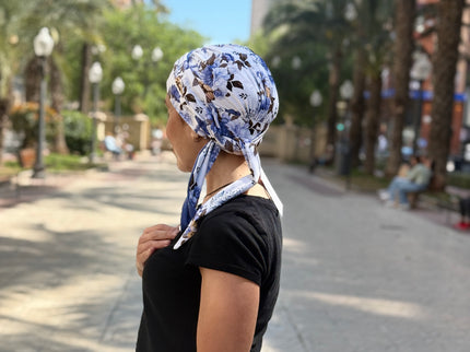 Pañuelo Oncológico Carla Bedia | Zoe Bambú Flores Azul Mostaza