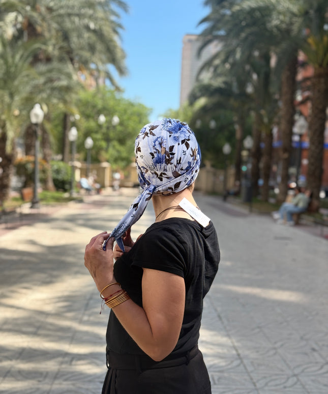 Pañuelo Oncológico Carla Bedia | Zoe Bambú Flores Azul Mostaza