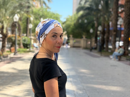Pañuelo Oncológico Carla Bedia | Zoe Bambú Flores Azul Mostaza