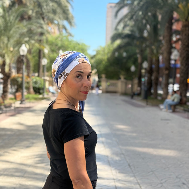 Pañuelo Oncológico Carla Bedia | Zoe Bambú Flores Azul Mostaza