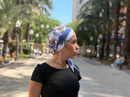 Pañuelo Oncológico Carla Bedia | Zoe Bambú Flores Azul Mostaza