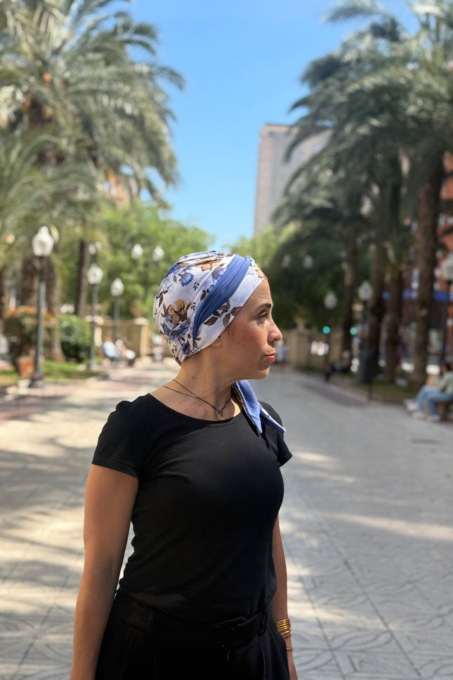 Pañuelo Oncológico Carla Bedia | Zoe Bambú Flores Azul Mostaza
