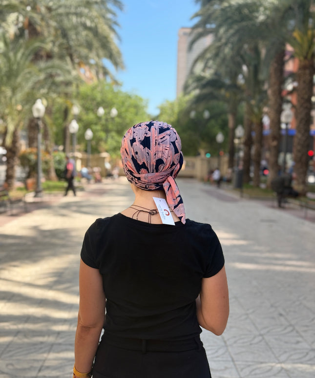 Pañuelo Oncológico Carla Bedia | Zoe Bambú Abstrac Coral Navy