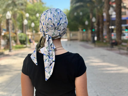 Pañuelo Oncológico Carla Bedia | Zoe Bambú Hojas Azul Caqui