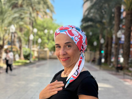 Pañuelo Oncológico Carla Bedia | Zoe Bambú Abstrac Coral Turquesa