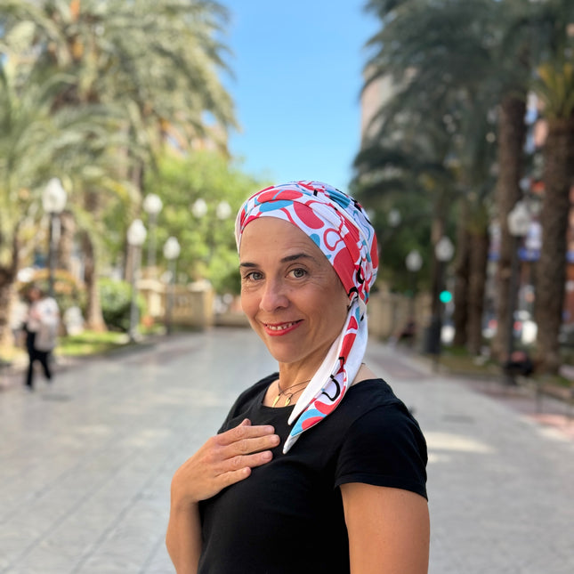 Pañuelo Oncológico Carla Bedia | Zoe Bambú Abstrac Coral Turquesa