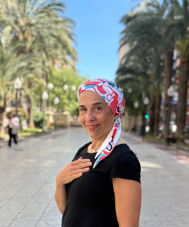 Pañuelo Oncológico Carla Bedia | Zoe Bambú Abstrac Coral Turquesa