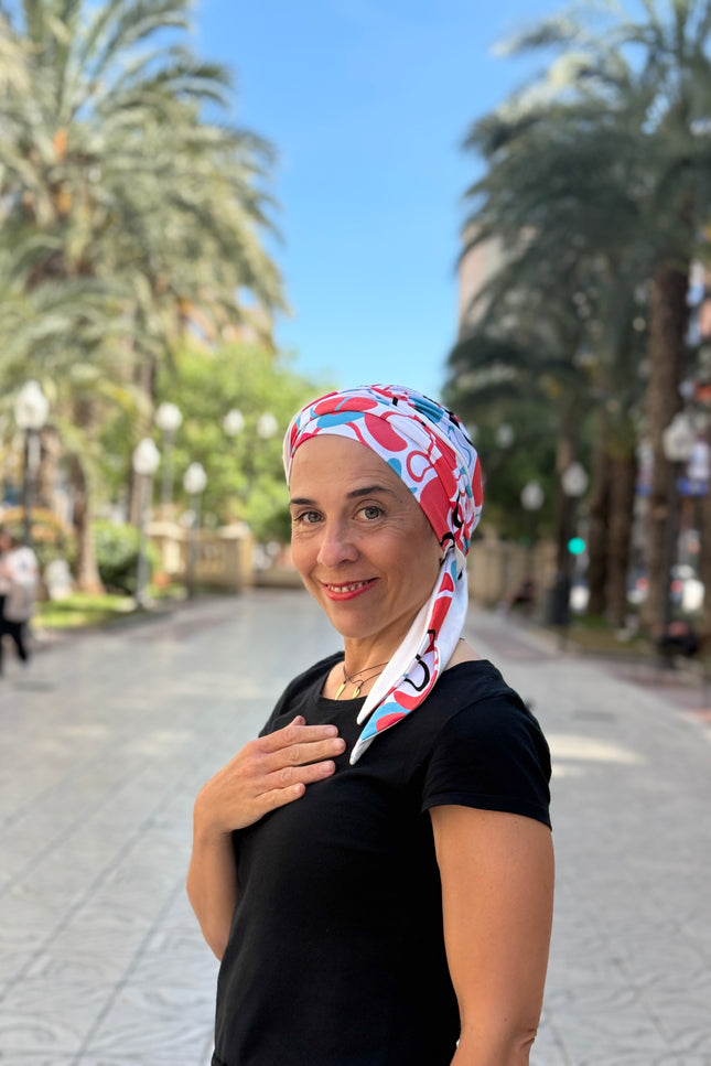 Pañuelo Oncológico Carla Bedia | Zoe Bambú Abstrac Coral Turquesa