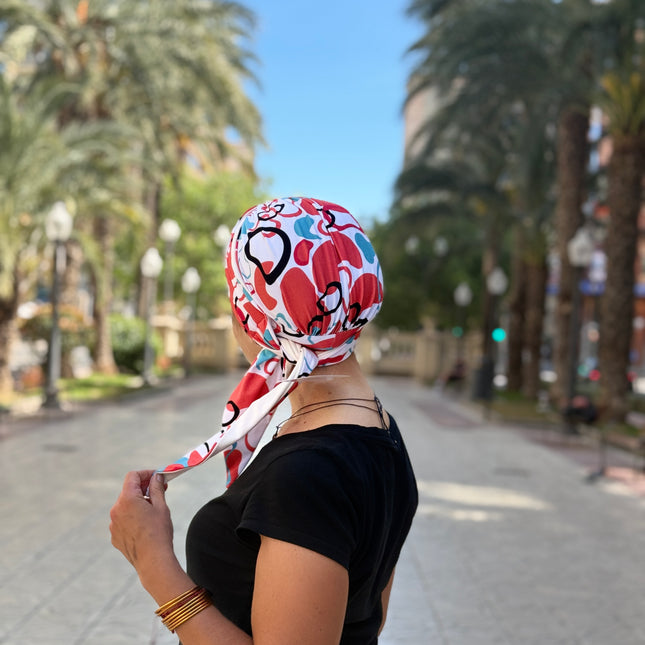 Pañuelo Oncológico Carla Bedia | Zoe Bambú Abstrac Coral Turquesa