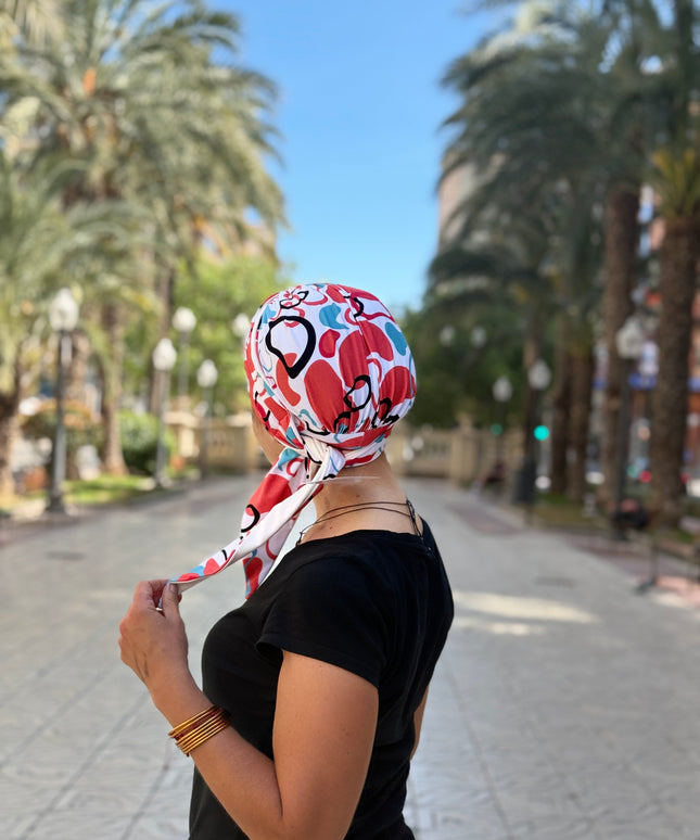 Pañuelo Oncológico Carla Bedia | Zoe Bambú Abstrac Coral Turquesa