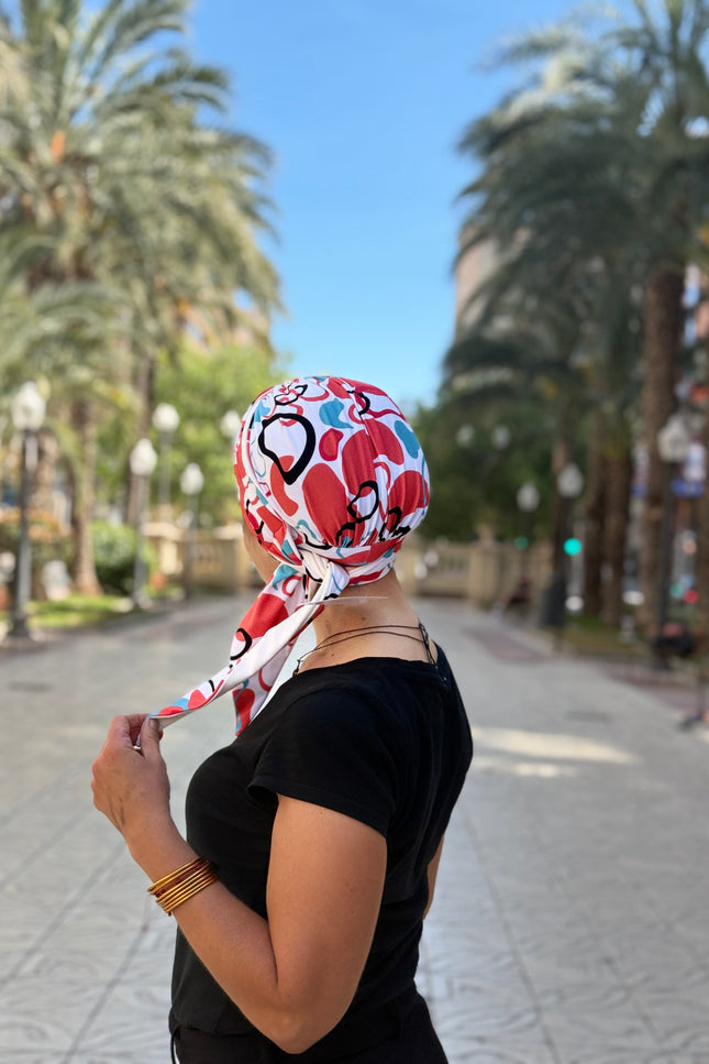 Pañuelo Oncológico Carla Bedia | Zoe Bambú Abstrac Coral Turquesa