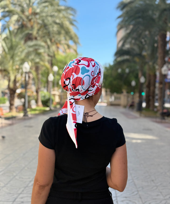 Pañuelo Oncológico Carla Bedia | Zoe Bambú Abstrac Coral Turquesa