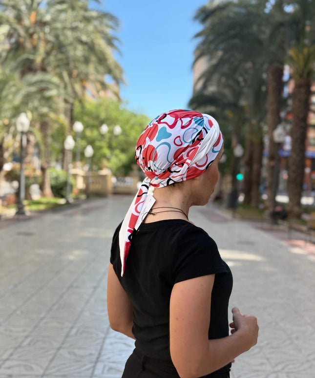 Pañuelo Oncológico Carla Bedia | Zoe Bambú Abstrac Coral Turquesa