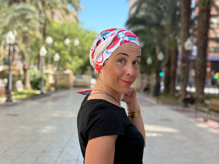 Pañuelo Oncológico Carla Bedia | Zoe Bambú Abstrac Coral Turquesa