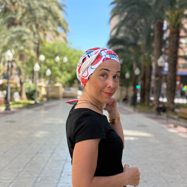 Pañuelo Oncológico Carla Bedia | Zoe Bambú Abstrac Coral Turquesa