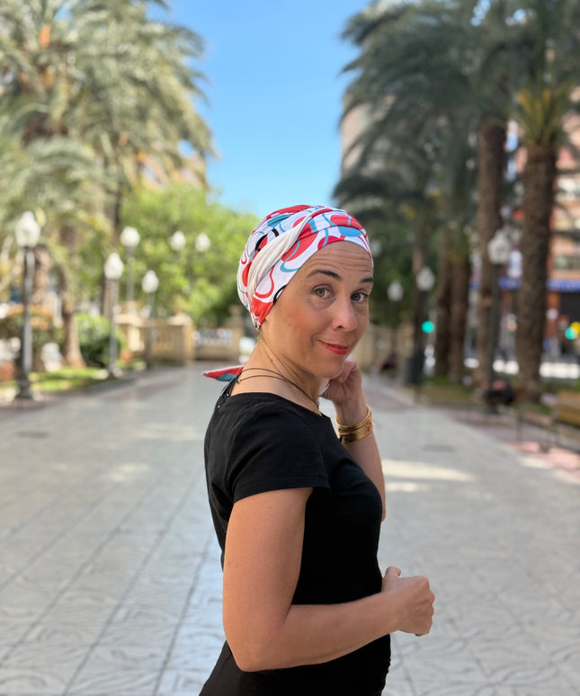 Pañuelo Oncológico Carla Bedia | Zoe Bambú Abstrac Coral Turquesa