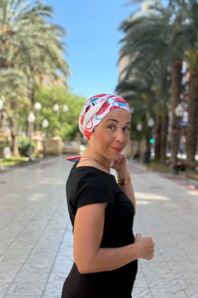 Pañuelo Oncológico Carla Bedia | Zoe Bambú Abstrac Coral Turquesa