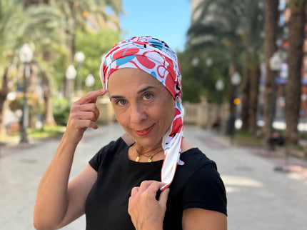 Pañuelo Oncológico Carla Bedia | Zoe Bambú Abstrac Coral Turquesa