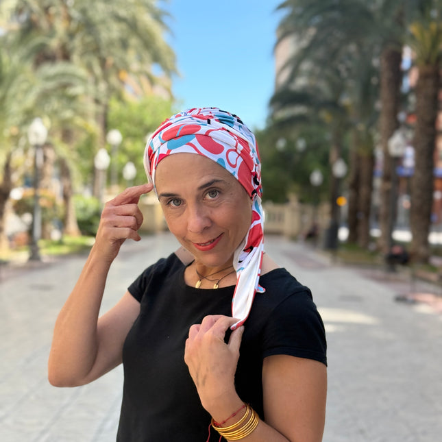 Pañuelo Oncológico Carla Bedia | Zoe Bambú Abstrac Coral Turquesa