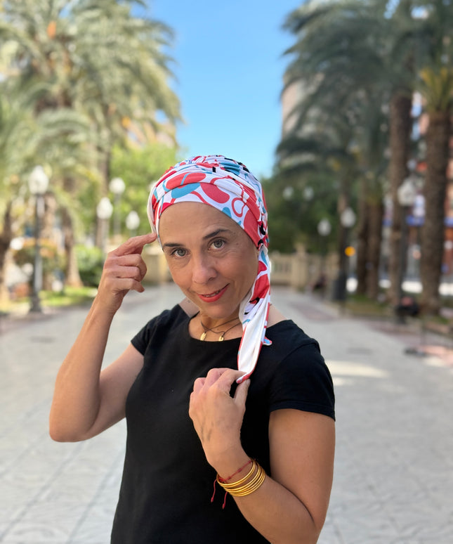 Pañuelo Oncológico Carla Bedia | Zoe Bambú Abstrac Coral Turquesa