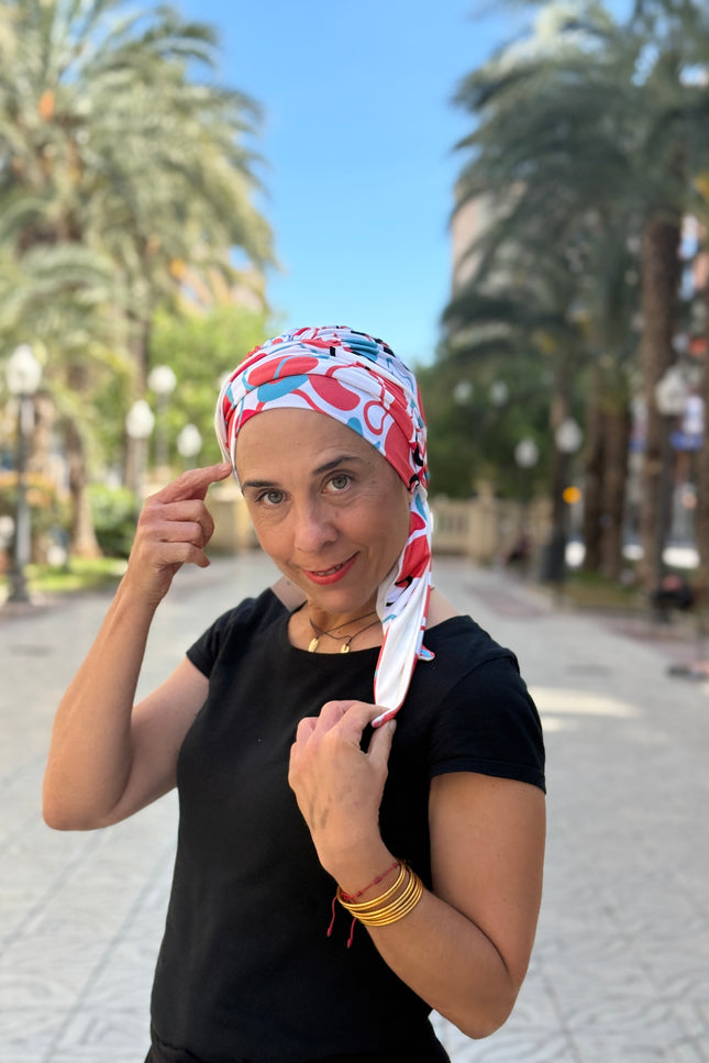 Pañuelo Oncológico Carla Bedia | Zoe Bambú Abstrac Coral Turquesa