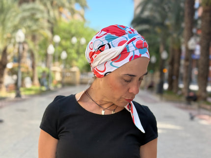 Pañuelo Oncológico Carla Bedia | Zoe Bambú Abstrac Coral Turquesa