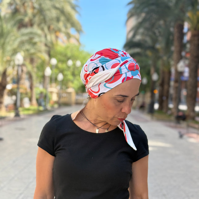 Pañuelo Oncológico Carla Bedia | Zoe Bambú Abstrac Coral Turquesa