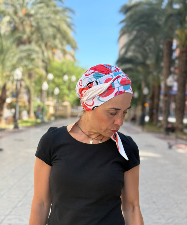Pañuelo Oncológico Carla Bedia | Zoe Bambú Abstrac Coral Turquesa