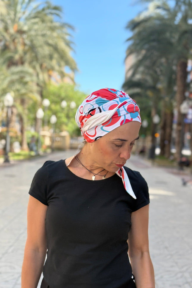 Pañuelo Oncológico Carla Bedia | Zoe Bambú Abstrac Coral Turquesa