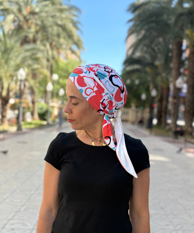 Pañuelo Oncológico Carla Bedia | Zoe Bambú Abstrac Coral Turquesa