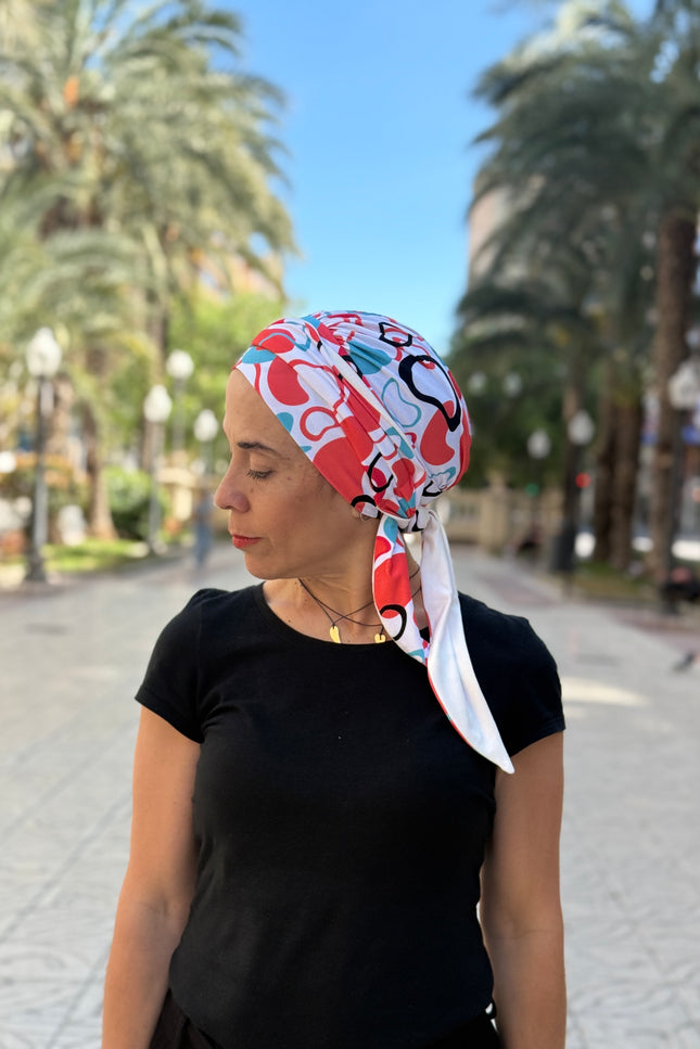 Pañuelo Oncológico Carla Bedia | Zoe Bambú Abstrac Coral Turquesa