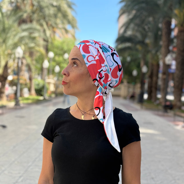 Pañuelo Oncológico Carla Bedia | Zoe Bambú Abstrac Coral Turquesa