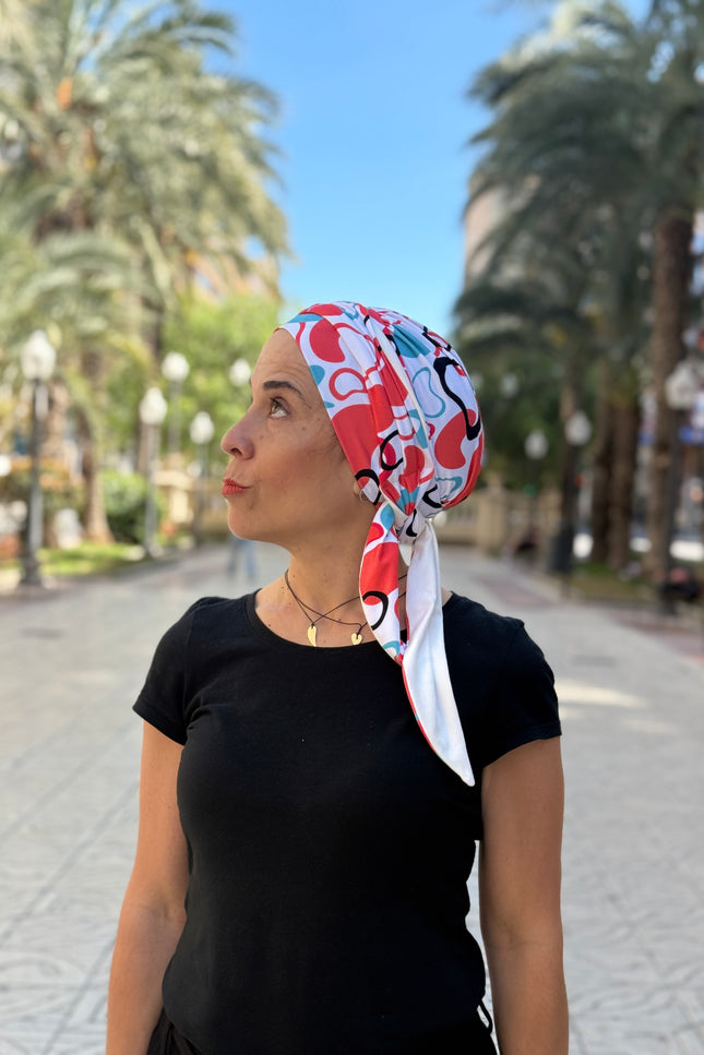 Pañuelo Oncológico Carla Bedia | Zoe Bambú Abstrac Coral Turquesa