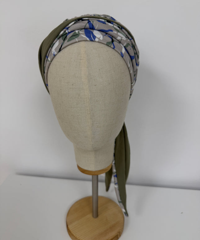 Pañuelo Oncológico Carla Bedia | Zoe Bambú Hojas Azul Caqui