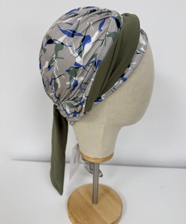 Pañuelo Oncológico Carla Bedia | Zoe Bambú Hojas Azul Caqui