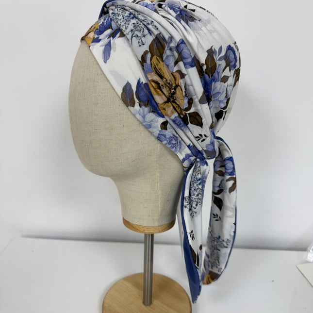 Pañuelo Oncológico Carla Bedia | Zoe Bambú Flores Azul Mostaza