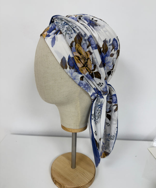 Pañuelo Oncológico Carla Bedia | Zoe Bambú Flores Azul Mostaza