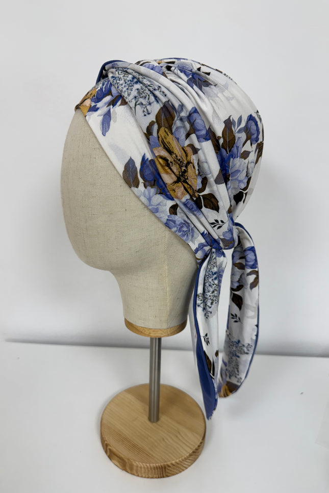 Pañuelo Oncológico Carla Bedia | Zoe Bambú Flores Azul Mostaza