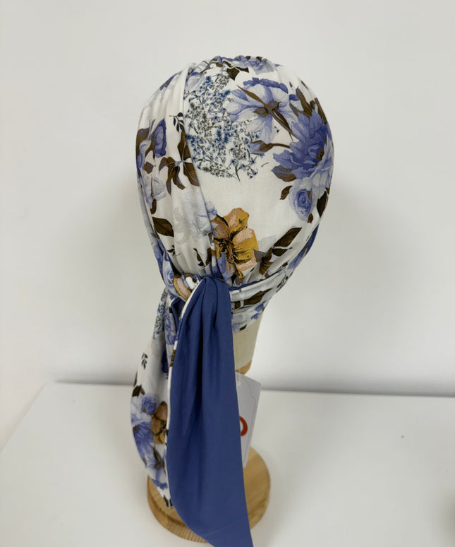 Pañuelo Oncológico Carla Bedia | Zoe Bambú Flores Azul Mostaza