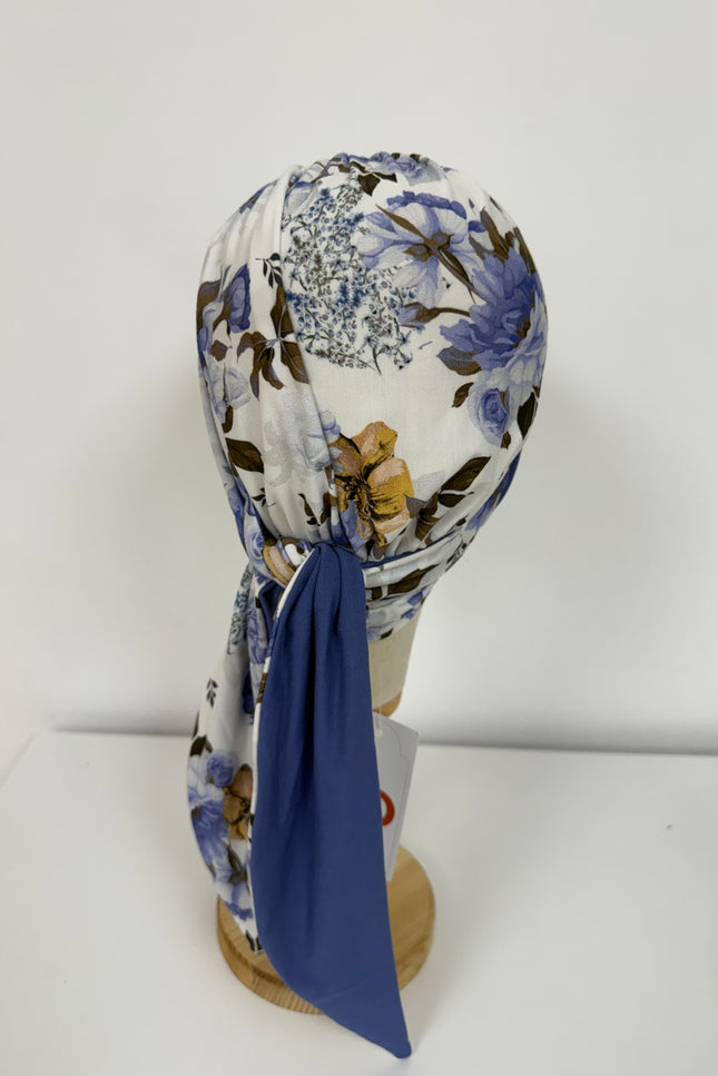 Pañuelo Oncológico Carla Bedia | Zoe Bambú Flores Azul Mostaza