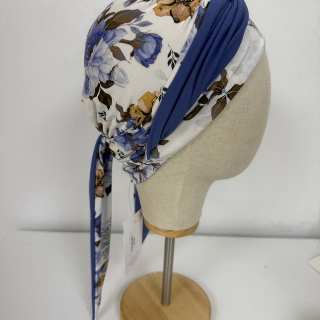 Pañuelo Oncológico Carla Bedia | Zoe Bambú Flores Azul Mostaza