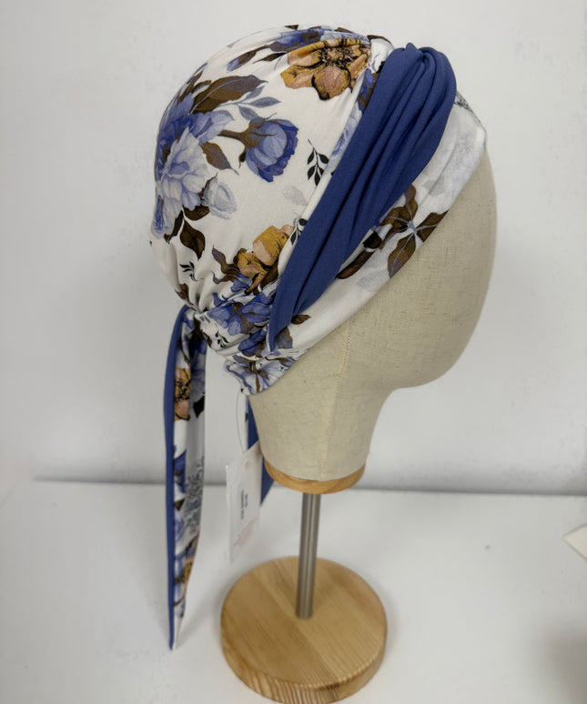 Pañuelo Oncológico Carla Bedia | Zoe Bambú Flores Azul Mostaza