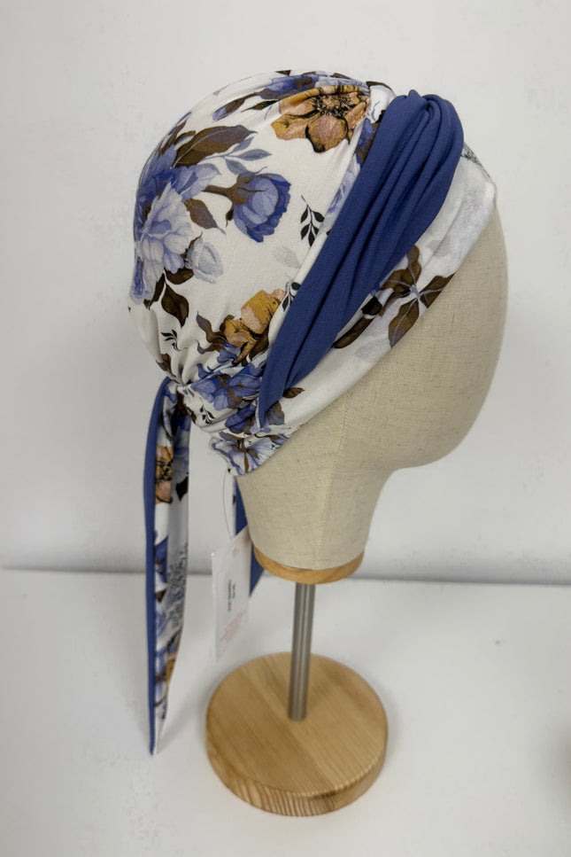 Pañuelo Oncológico Carla Bedia | Zoe Bambú Flores Azul Mostaza