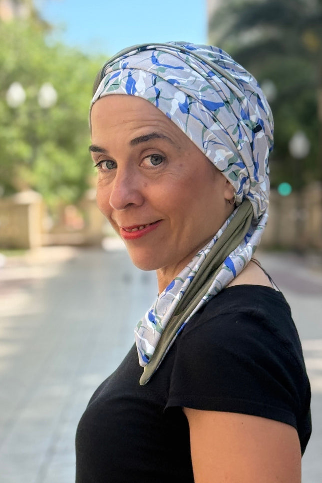 Pañuelo Oncológico Carla Bedia | Zoe Bambú Hojas Azul Caqui