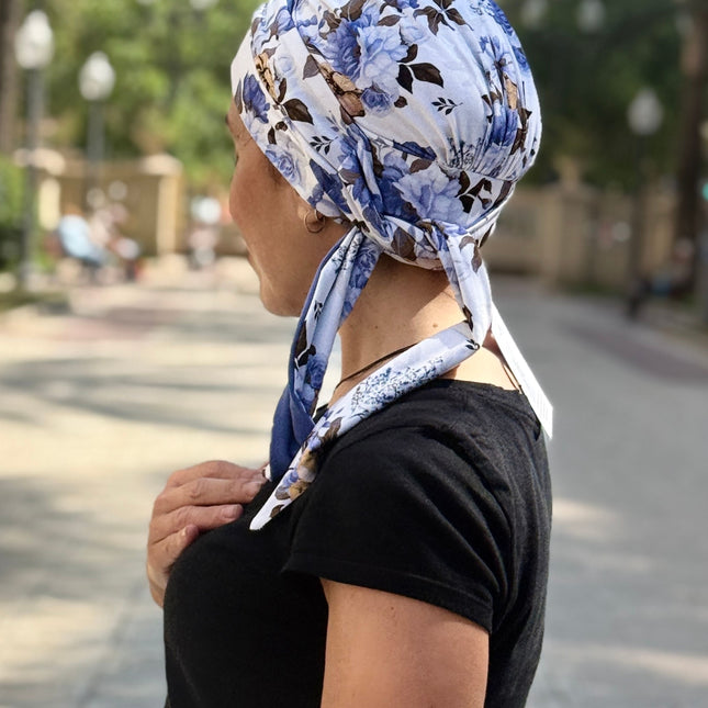 Pañuelo Oncológico Carla Bedia | Zoe Bambú Flores Azul Mostaza