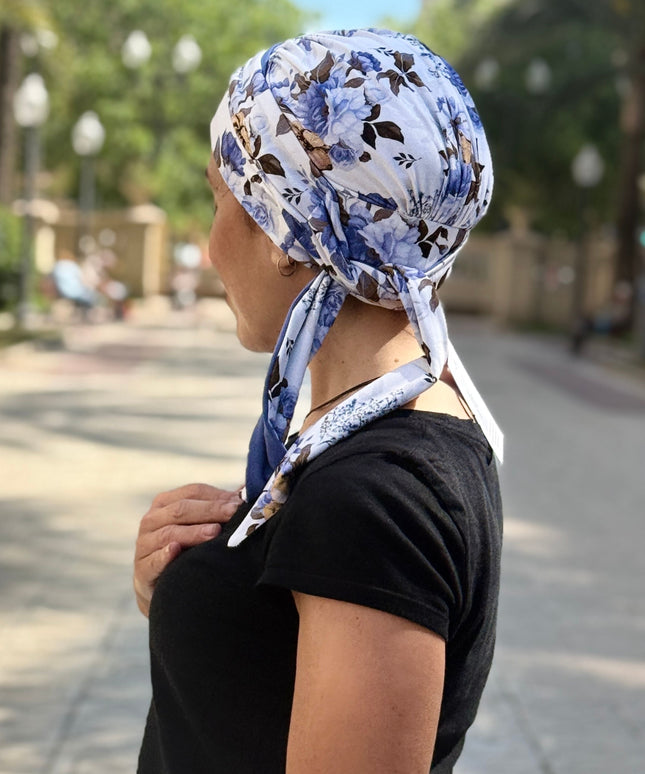 Pañuelo Oncológico Carla Bedia | Zoe Bambú Flores Azul Mostaza