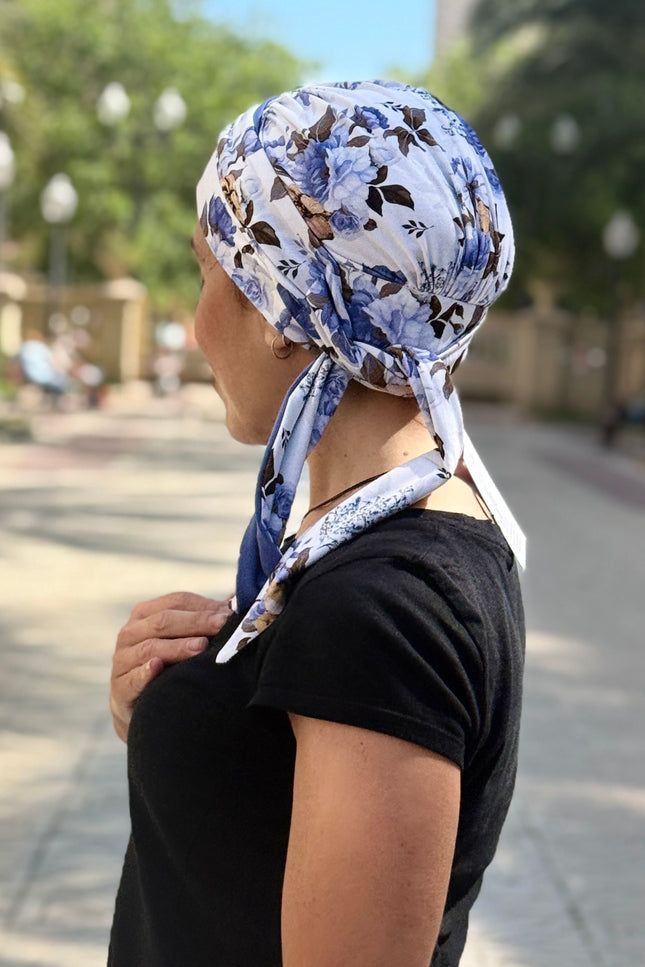 Pañuelo Oncológico Carla Bedia | Zoe Bambú Flores Azul Mostaza