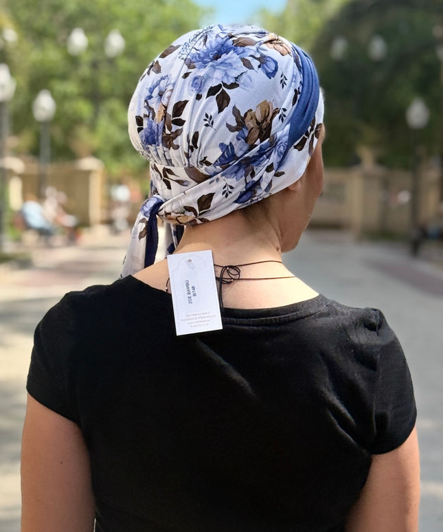 Pañuelo Oncológico Carla Bedia | Zoe Bambú Flores Azul Mostaza