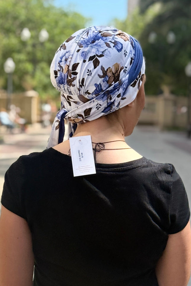Pañuelo Oncológico Carla Bedia | Zoe Bambú Flores Azul Mostaza