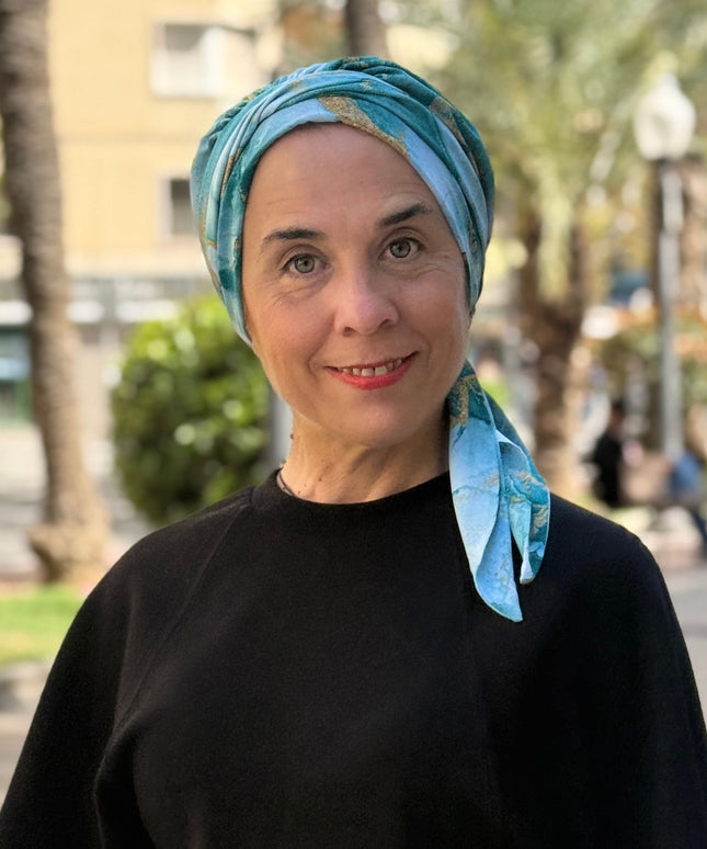 Pañuelo Oncológico Carla Bedia | Zoe Silk Mármol Azul